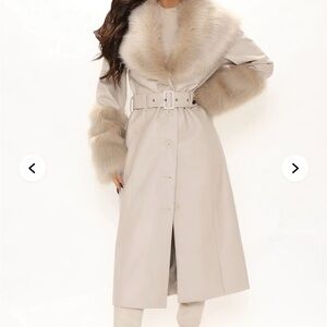 Fashion Nova Cream Faux Leather Trench Coat with Faux Fur